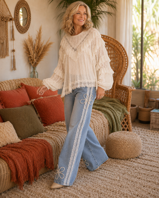 Pearl Embellished Wide Leg Jeans with Lace Trims