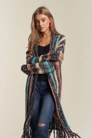 Longline Multi-Stripe Sweater Cardi with Tassels