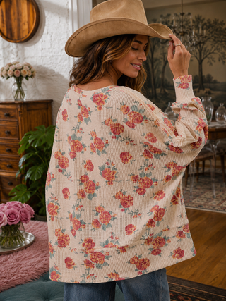 Sunday Stroll Sweatshirt – Oversized Rose Print Waffle Knit Pullover