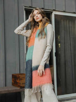 Ultra Soft Faux Mohair Colorblock Scarf with Tassels