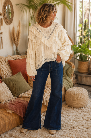 Eyelet Lace Ruffle Top – Romantic Knit Blouse with Raw Edge Details