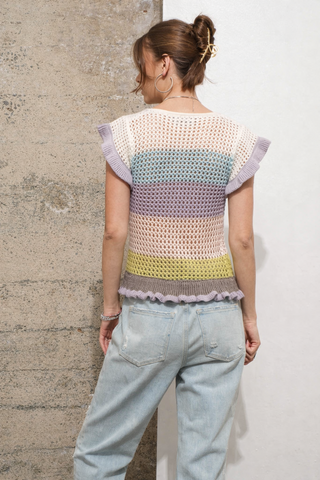 Striped Crochet Ruffle Sleeve Top