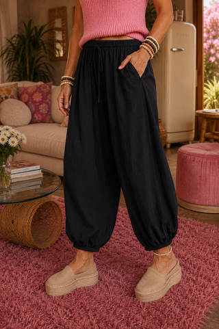 Market Stroll Pants – Crinkled Boho Harem Pants with Pockets