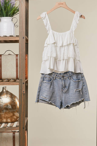 Lace Tiered Ruffle Tank Top – Flowy Boho Cami with Feminine Detail
