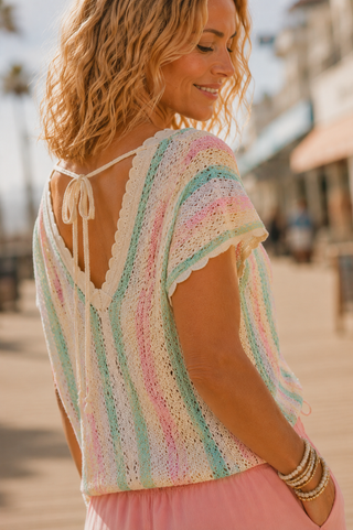 Saltwater Taffy Crochet Top – Open Back Knit with Scalloped Stripes