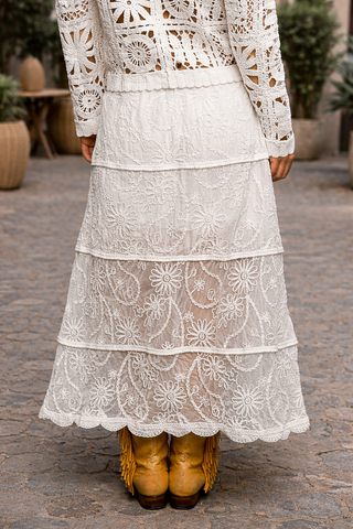 Embroidered Crochet Midi Skirt with Lining