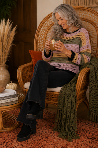 Multi-Stripe Boat Neck Sweater – Cozy Open Knit Pullover