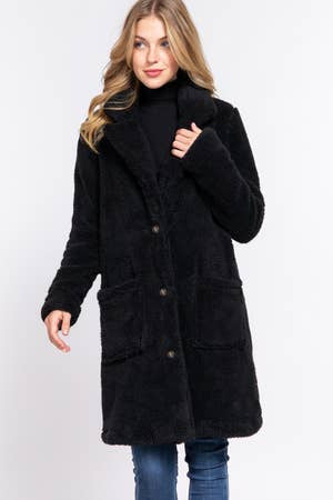 Longline Button Up Faux Fur Coat with Patch Pockets