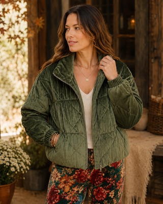 Diamond Quilted Velour Puffer Jacket - Olive