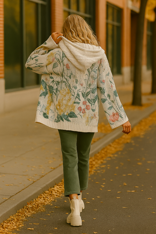 Floral Cable Knit Hoodie Cardigan with Fringe