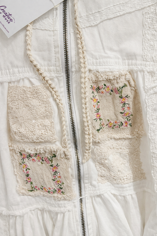 Vintage Wash Denim Tiered Patchwork Hoodie Jacket with Embroidery Detail
