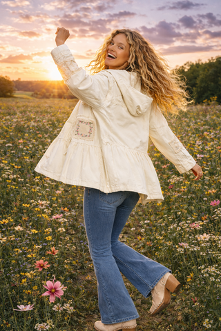 Vintage Wash Denim Tiered Patchwork Hoodie Jacket with Embroidery Detail