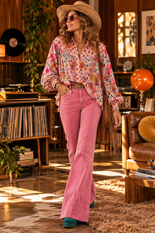 Mixed Print Boho Blouse with Shirring