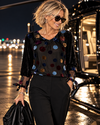 Velvet Dot Burnout Blouse with Ribbon Tie Cuffs