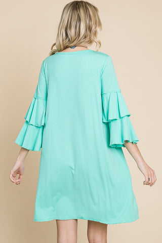 V-Neck Midi Dress with Double Ruffle Sleeves