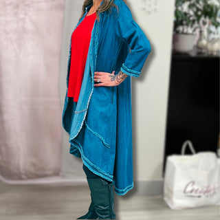 Flared Outseam Denim Duster with Patchwork Detailing