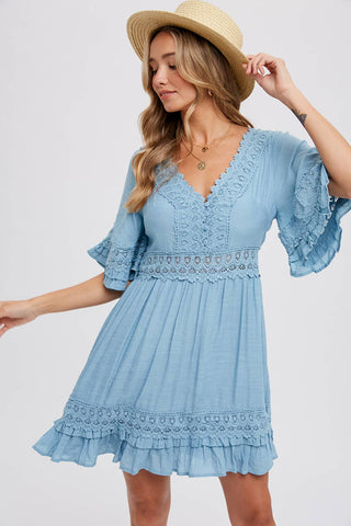 Ruffle Trim Lace Mini Dress