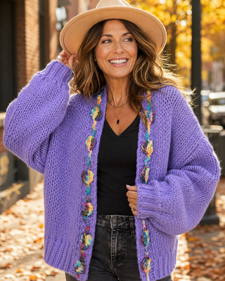 Chunky Multicolor Trim Open Sweater Cardigan