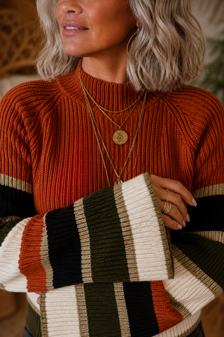 City Limits Ribbed Knit – Striped Mock Neck Sweater with Flared Cuffs