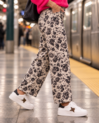 Rose Print Twill Barrel Pants