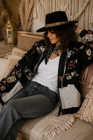 Vintage Wash Denim Floral Patchwork Jacket - Oversized Zip-Up Hoodie