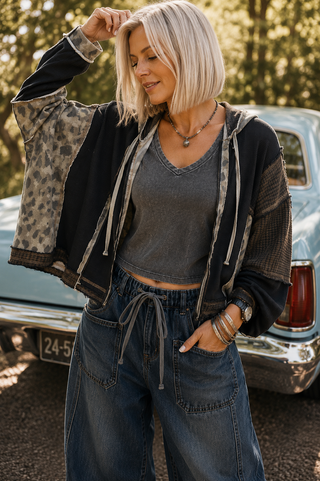 Patchwork Thermal Oversized Hoodie – Balloon Sleeve Pullover with Mixed Print Details