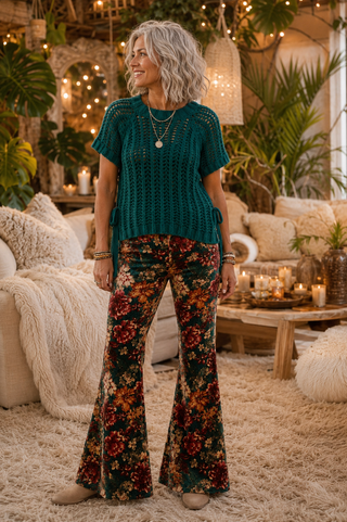 Floral Velvet Flares - Multicolour Pull-On Statement Pants