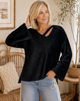 Midnight Mischief Sweater – Eyelash Knit Bell Sleeve Pullover with Strappy Neckline