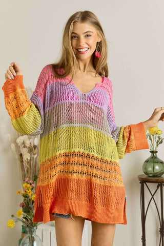 Deep V Colorblock Crocheted Pullover