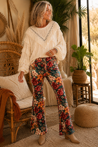 Floral Velvet Flares - Multicolour Pull-On Statement Pants