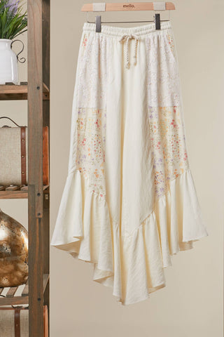 Floral Patchwork Ruffle Pant – Flowy Boho Pants with Asymmetrical Hem