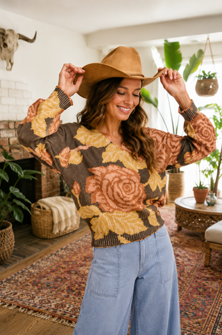 Gallery Bloom Floral Knit - Printed Top with Balloon Sleeves