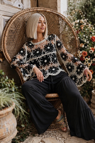 Floral Crochet Knit Top – Long Sleeve Sweater with Scalloped Edge Detail