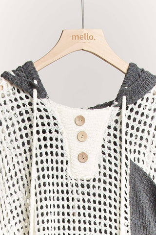 Colorblock Crochet Hoodie – Open Knit Pullover with Relaxed Fit