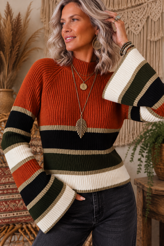 City Limits Ribbed Knit – Striped Mock Neck Sweater with Flared Cuffs