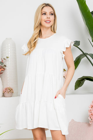 Cap Sleeve Tiered Midi Dress with Ruffle Detail