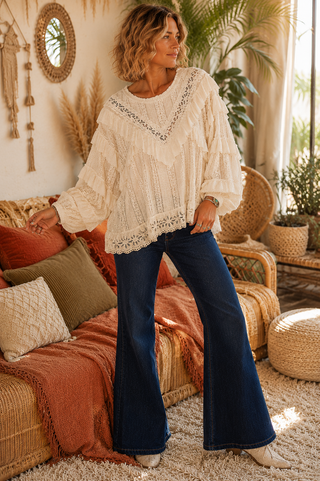 Eyelet Lace Ruffle Top – Romantic Knit Blouse with Raw Edge Details