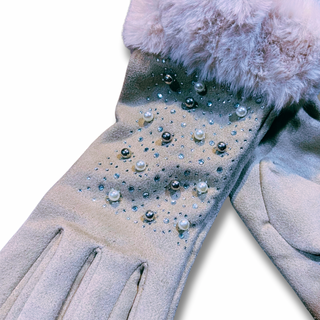 Embellished Sherpa-Lined Texting Glove with Fur Cuff