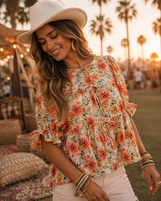 Floral Peplum Blouse – Puff Sleeve Top with Tie Neck