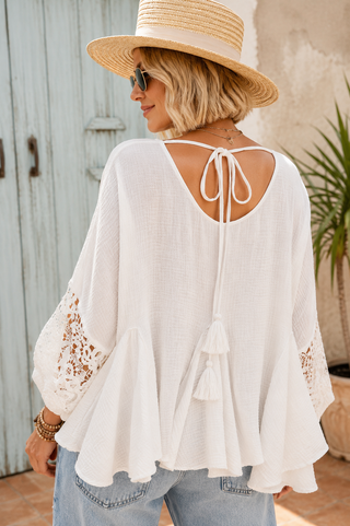 Angelic Escape Top – Textured Gauze Trapeze Top with Lace Sleeves & Tassel Tie Back