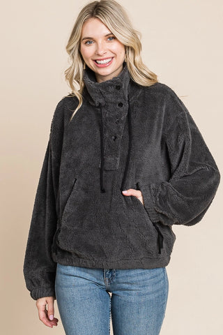 Faux Fur Long Sleeve Half Button Down Fleece - Charcoal