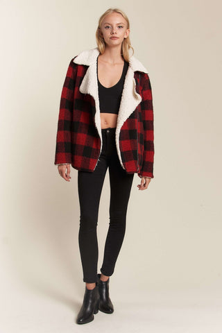 Cozy Gingham Sherpa Lined Zip Up Moto