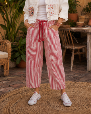 Striped Twill Barrel Leg Pant with Cargo Pockets