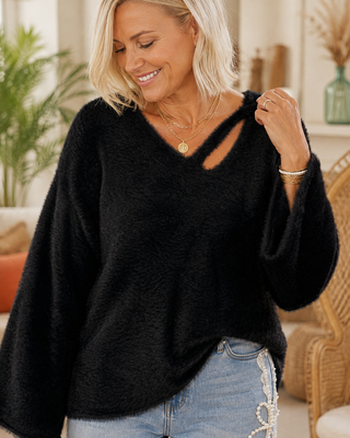 Midnight Mischief Sweater – Eyelash Knit Bell Sleeve Pullover with Strappy Neckline
