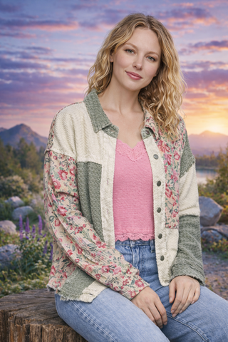 Floral Lace Patchwork Twill Jacket – Textured Boho Layer for Women