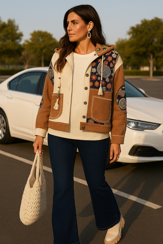 Button Up Patchwork Hoodie Top