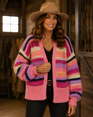 Pretty in Pink Bold Stripe Open Sweater Cardigan