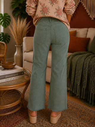 Wild Sage Mineral Wash Cropped Jeans — High Rise Denim Crops with Frayed Hem