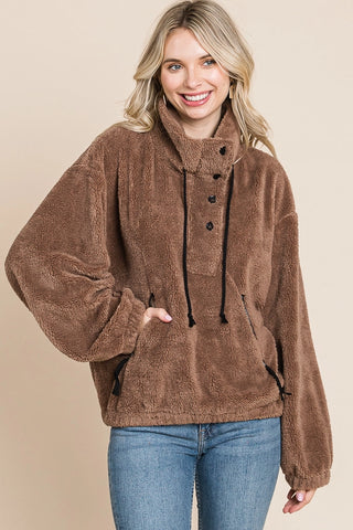 Faux Fur Long Sleeve Half Button Down Fleece - Camel