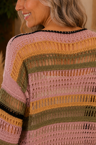 Multi-Stripe Boat Neck Sweater – Cozy Open Knit Pullover